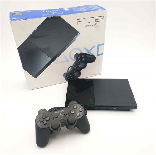 Playstation 2 Slim Konsol - Sort - Komplet i æske - SNR HC1155989 (B Grade) (Genbrug)